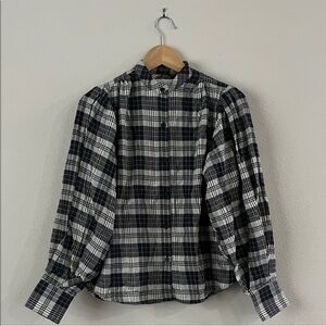 Unsubscribed $280 Plaid Puff Long Sleeves Blouse L NWOT Black White Boho